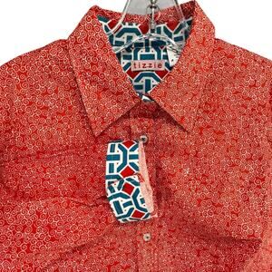 Tizzie Shirt Women S Orange Geometric Button Up 3/4 Flip Cuff Modern Chic Blouse